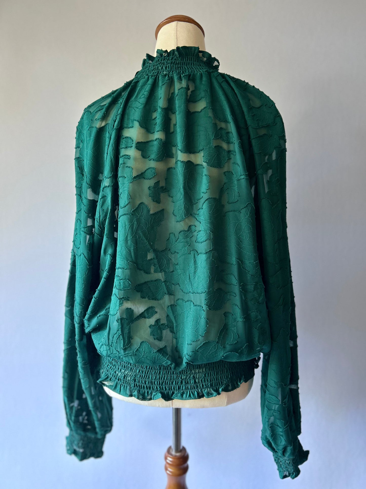 Sheer Floral Jacquard Mock-Neck Blouse - Emerald Green - Size 16