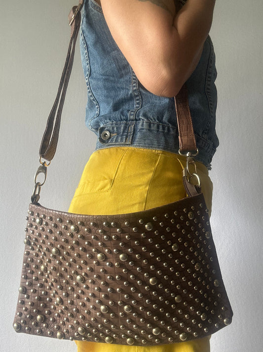 Brown Studded Leather Shoulder Bag