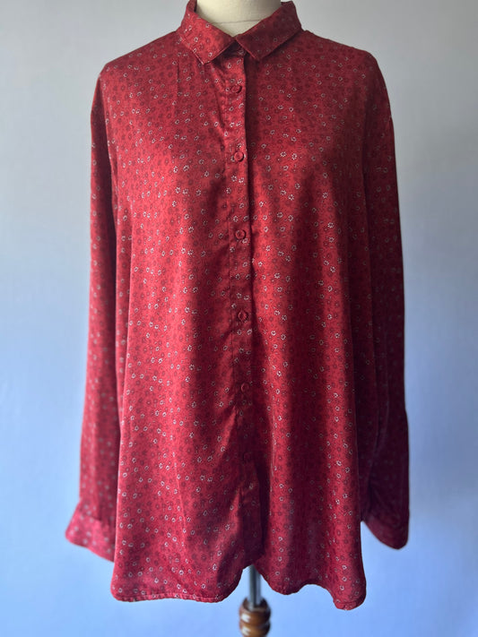Red Printed Button-Up Shirt – Size 14, 100% Polyester