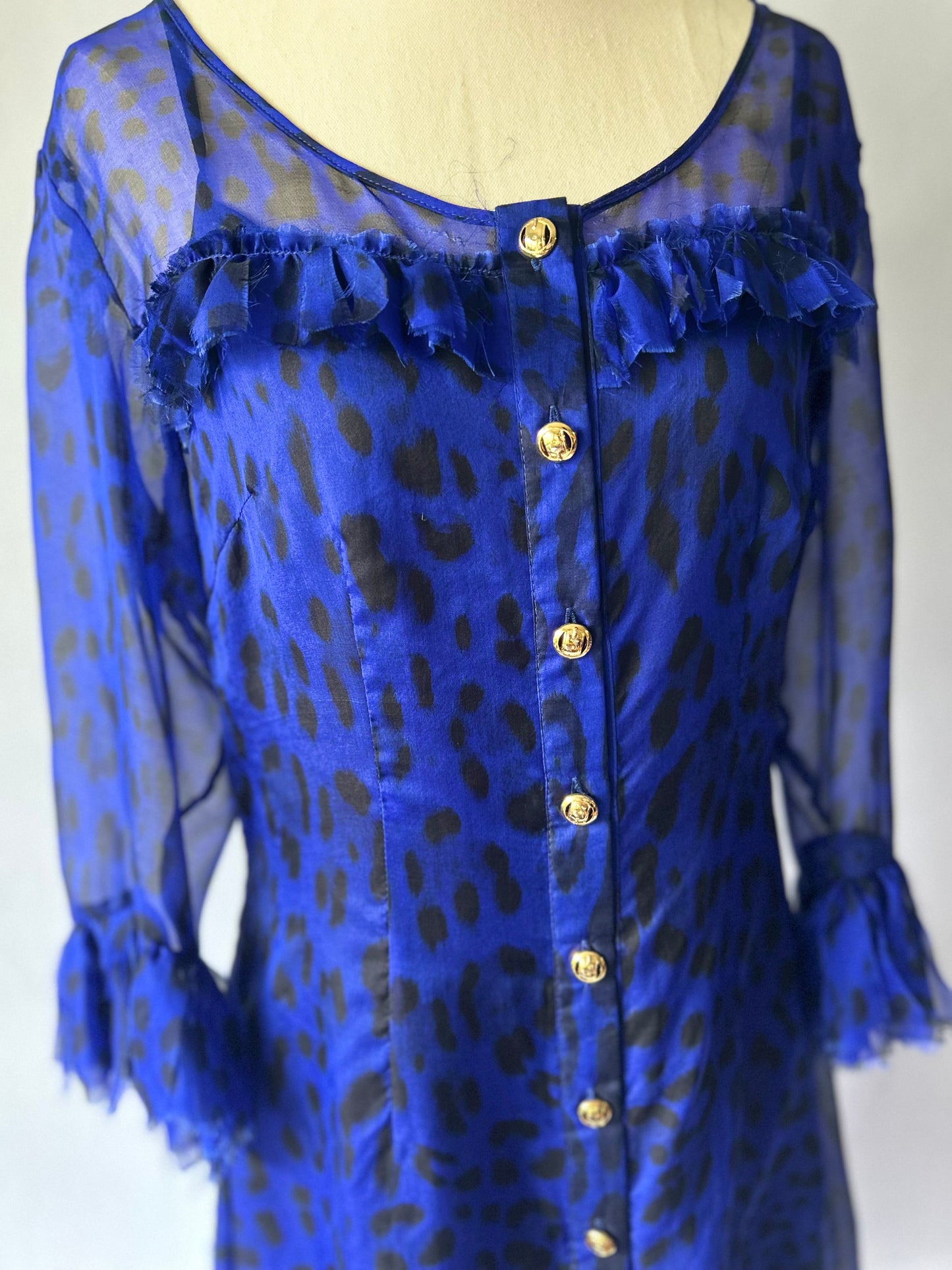 Yvonne Benetti "Electric Leopard" Silk Ruffle Dress – Size 8