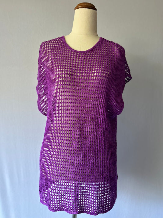 Purple Linen Crochet Top | Size Small | Sheer Mesh Knit