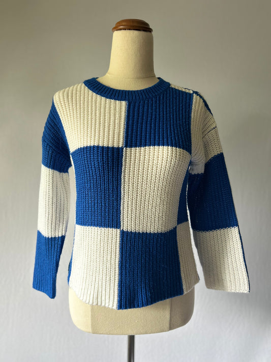 Blue & White Checkered Knit Sweater – Size 8