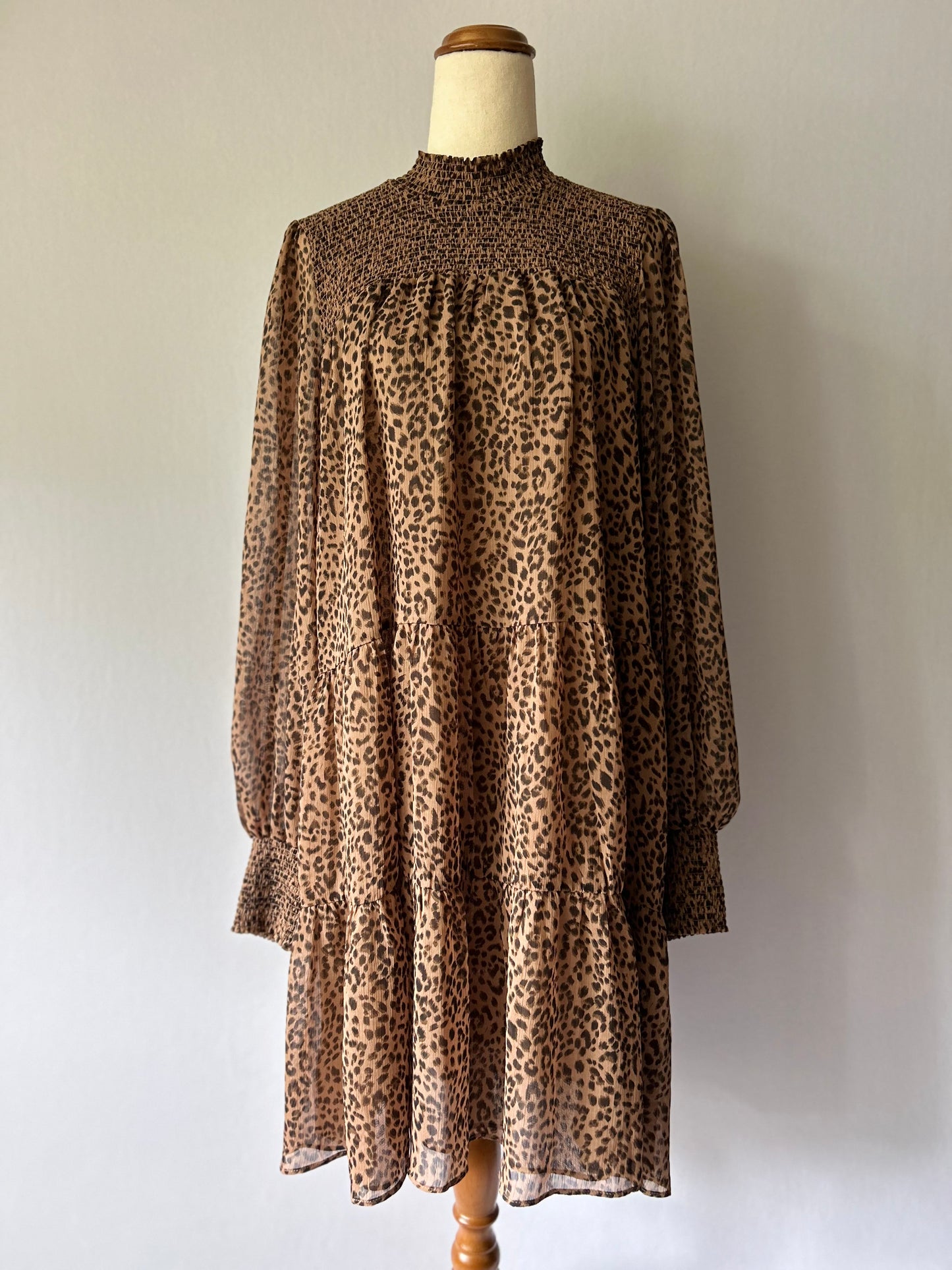 Smocked Leopard Print Tiered Midi Dress – Size 18