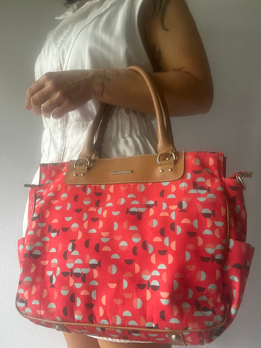 Practical Red Patterned Tote Bag with Tan Handles