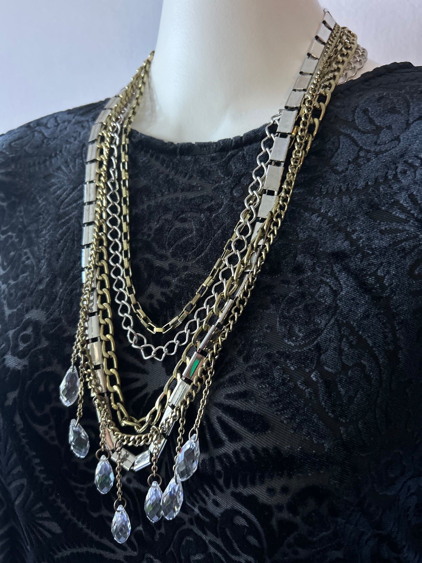 Vintage Mixed-Metal Multi-Strand Cascade Necklace with Crystal Drops