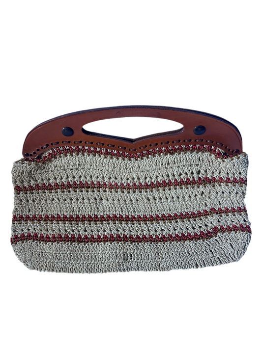 Beige Handbag with Matching Stripe and Leather Handle