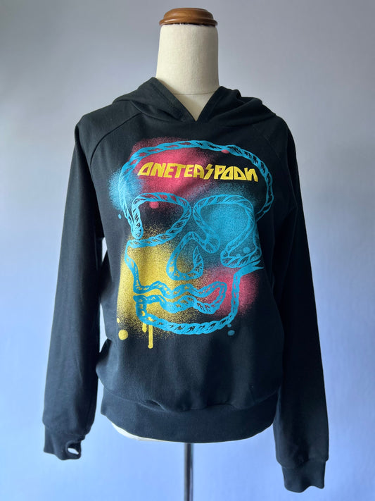 Skull Print Cotton Hoodie with Thumbhole Sleeves – Size L