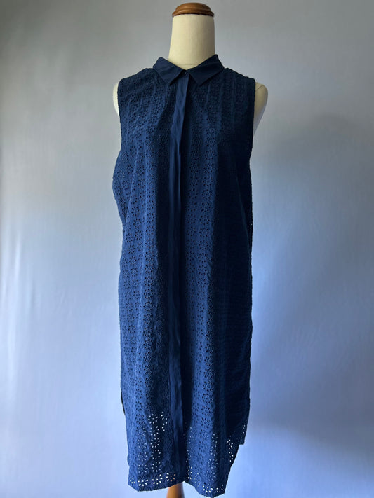 Navy 100% Silk Broderie Anglaise Sleeveless Shirt Dress – Size M