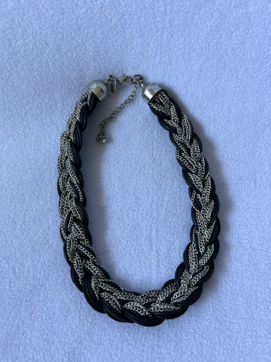 Braided Statement Necklace | Black Cord & Silver Chain