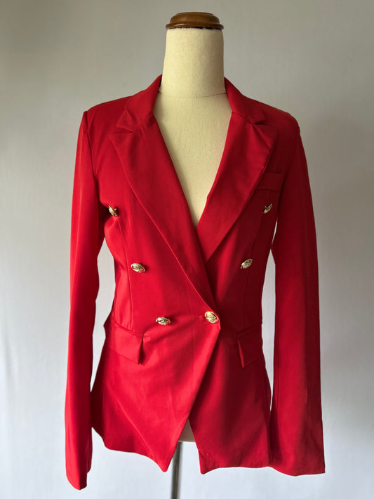 Red Double-Breasted Blazer with Gold Buttons – Size S – Viscose Blend
