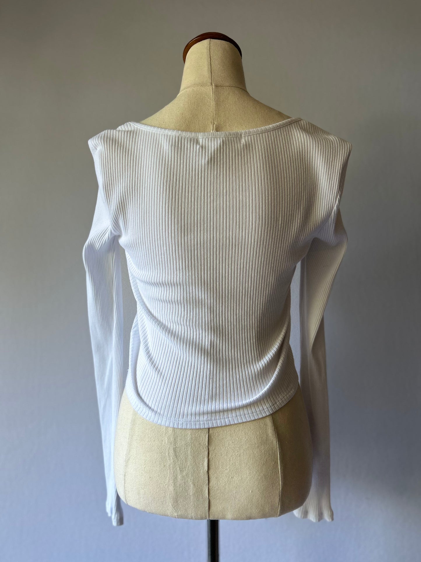 Ribbed Cotton Long-Sleeve Curved Hem Top - Optical White - Size Small