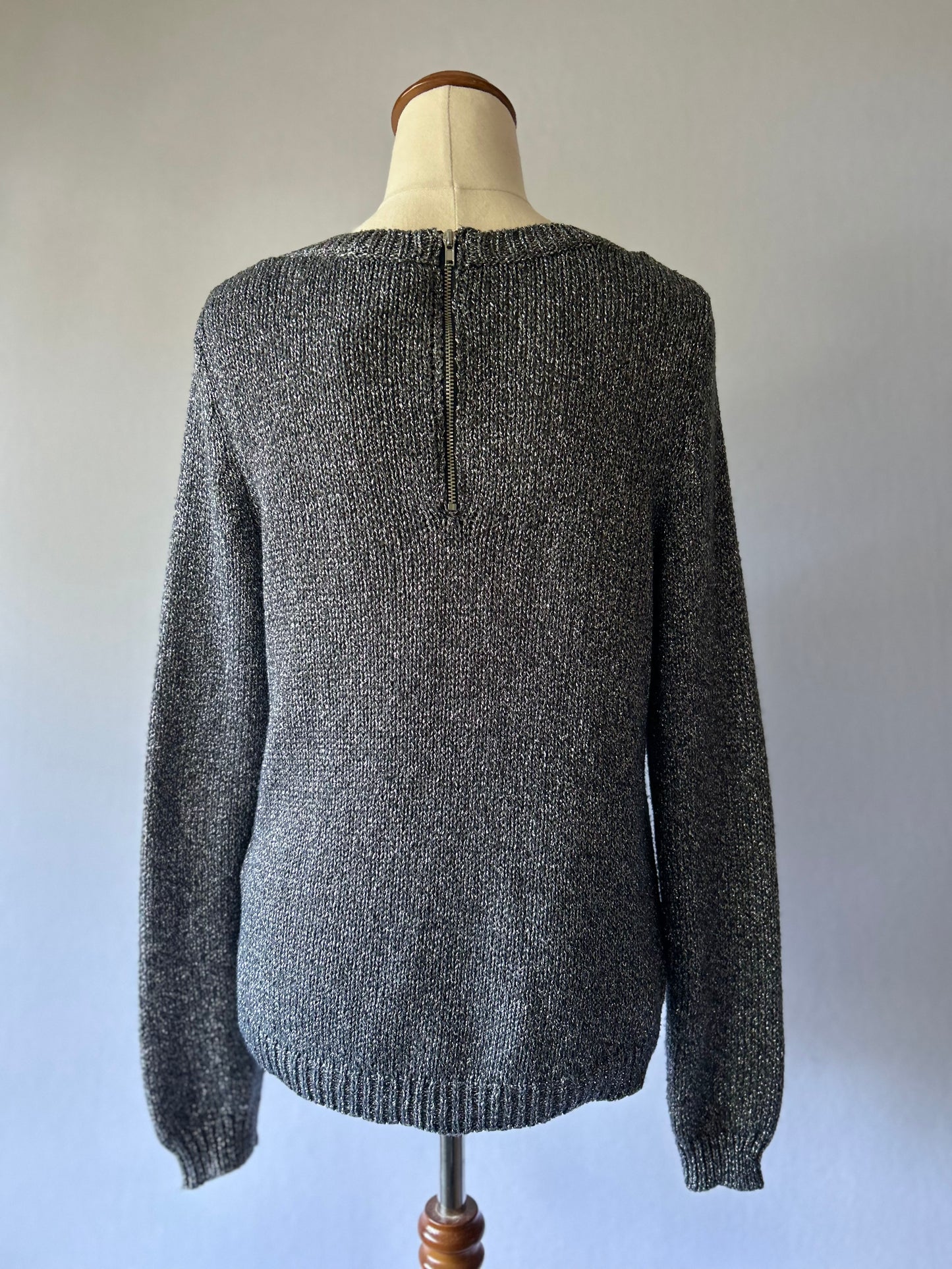 Metallic Shimmer Fine-Knit Jumper - Charcoal & Silver - Size EUR 34 / US 4 (NZ 6)