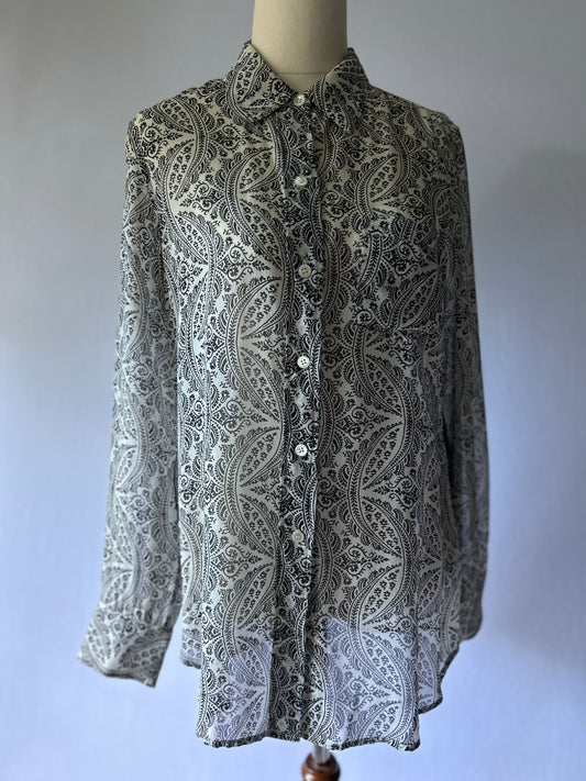 Theory Silk Button-Up Shirt – Black & White Paisley, Size S