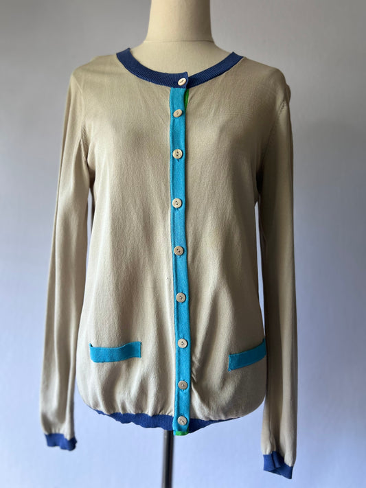 Beige Cardigan with Blue Trim – Size M, Viscose Blend