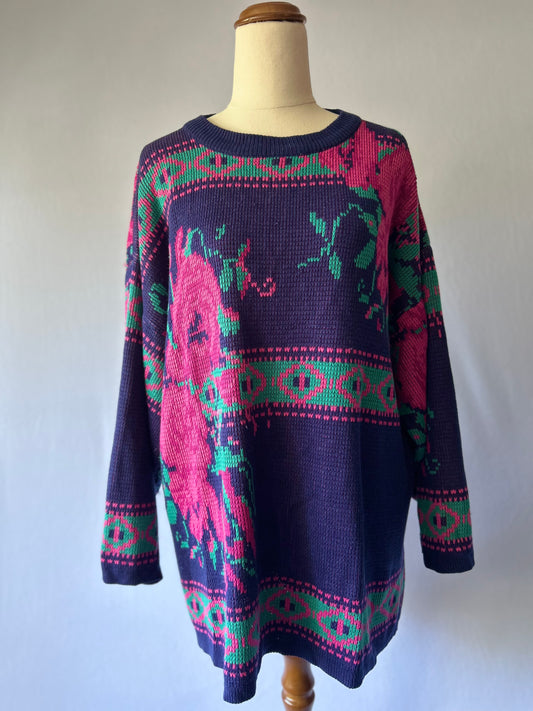 Vintage Oversized Floral Knit Sweater – Size L