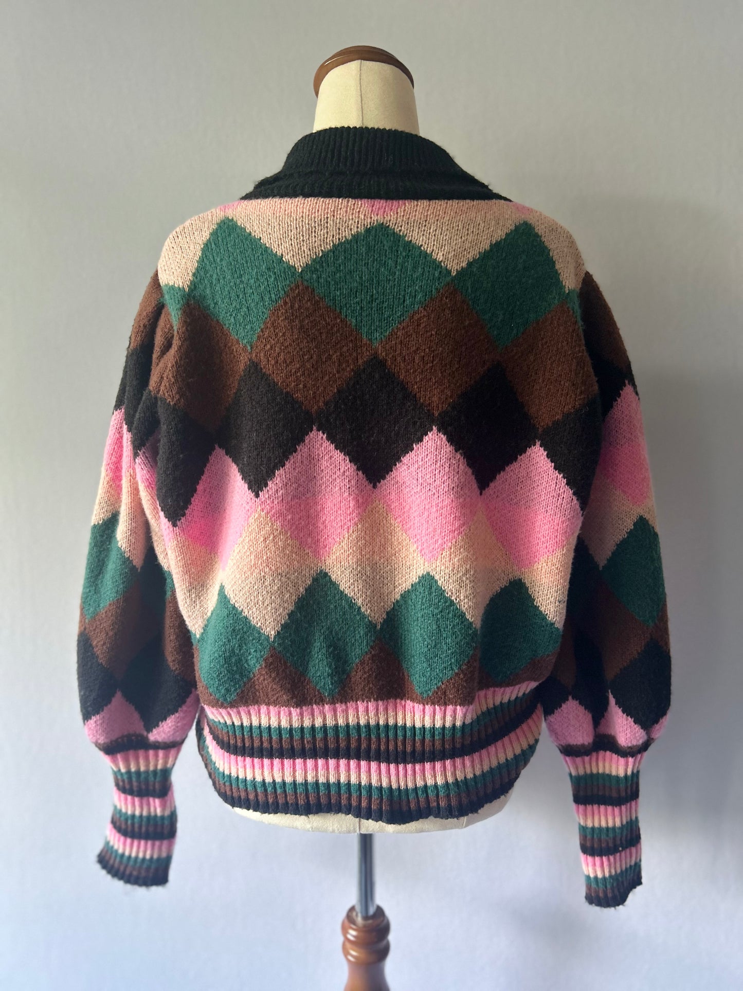 Vintage Argyle Knit Polo Sweater with Heart Cat Patch - Size Small