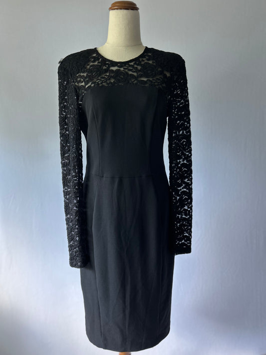 Cue Long Sleeve Black Dress | Lace Detail | Size 10 | Knee-Length