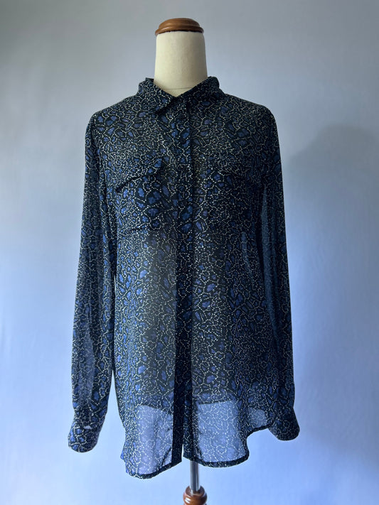 Sheer Printed Long Sleeve Blouse – Blue & Black – Size 10