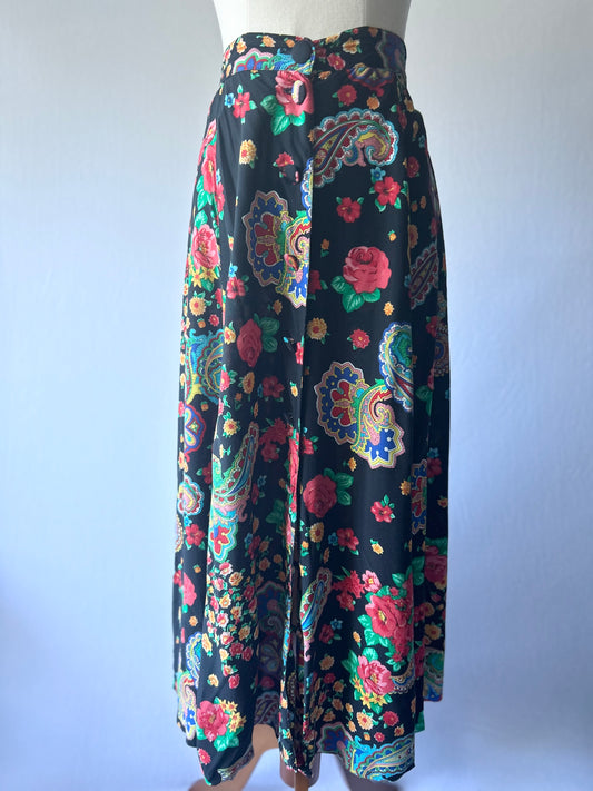 Vintage-Style Floral & Paisley Midi Skirt | Size 8 | Black Viscose Blend