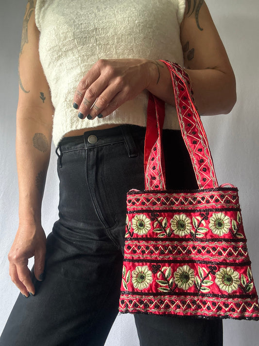 Embroidered Red Floral Tote Bag – Boho Chic Handmade Style