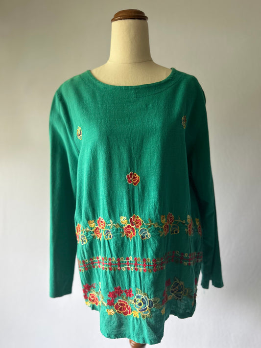 Green Cotton Embroidered Tunic Top – Size L