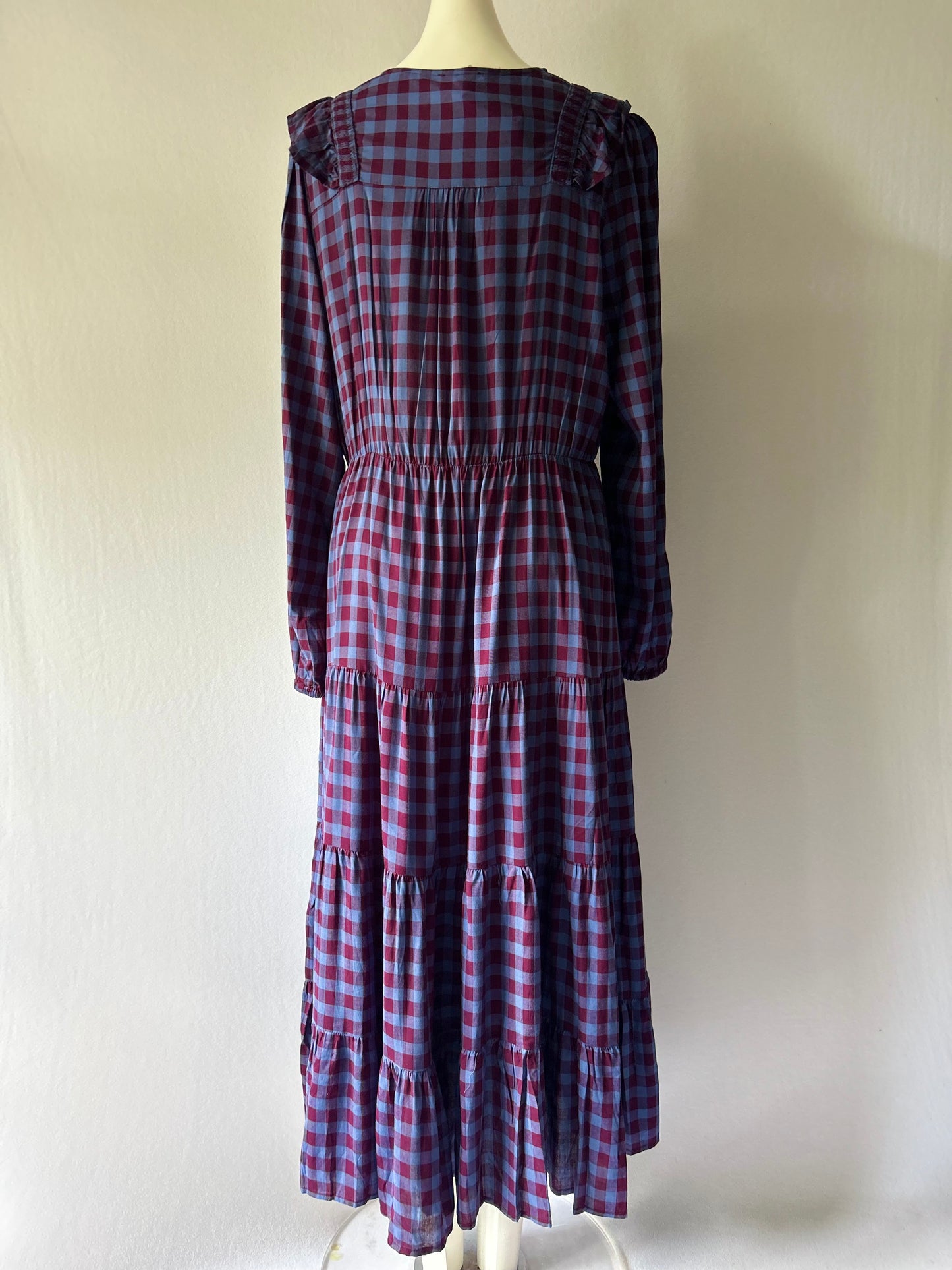 Whistles Ruffled Tiered Check Maxi Dress - Blue & Burgundy - Size 16