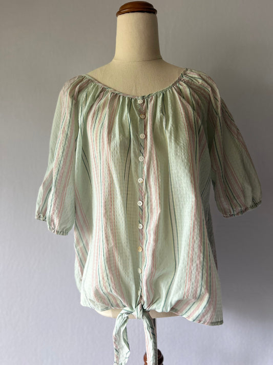 Striped Pastel Button-Up Blouse Size 10 – Cotton Blend
