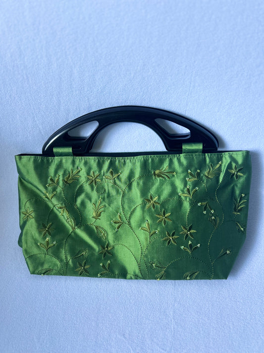 Green Silk Handbag with Embroidery and Acrylic Handle