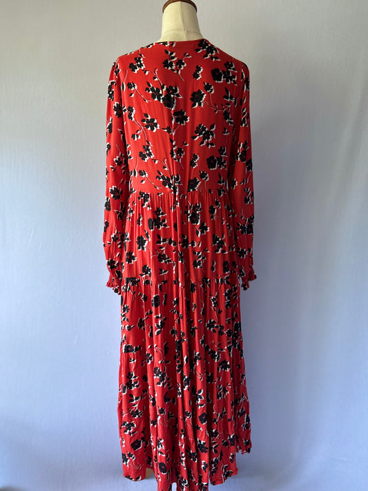 Red Floral Long Sleeve Midi Dress – Size Small
