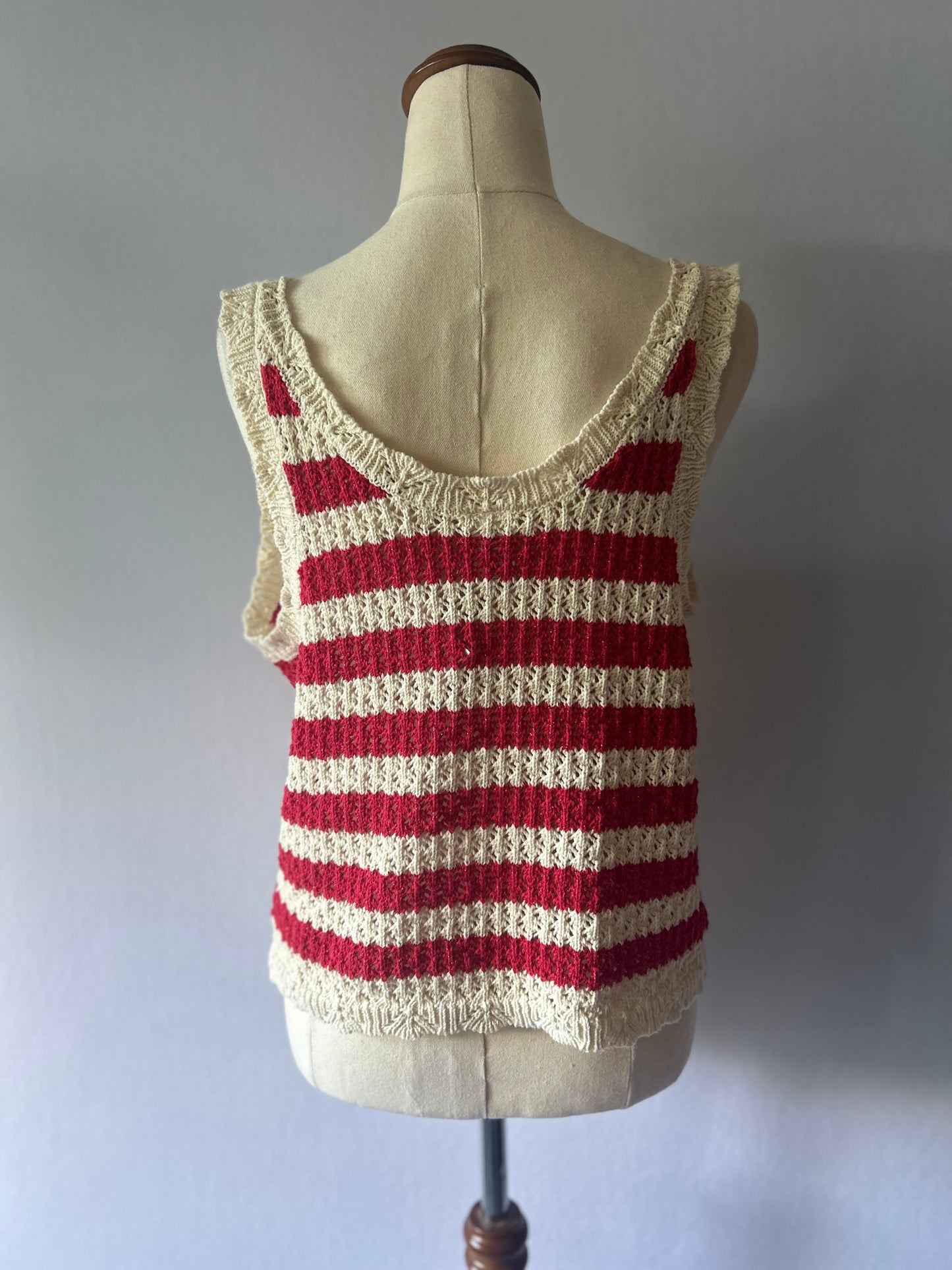 Red & Cream Striped Open-Knit Metallic Thread Tank Top - Size 14