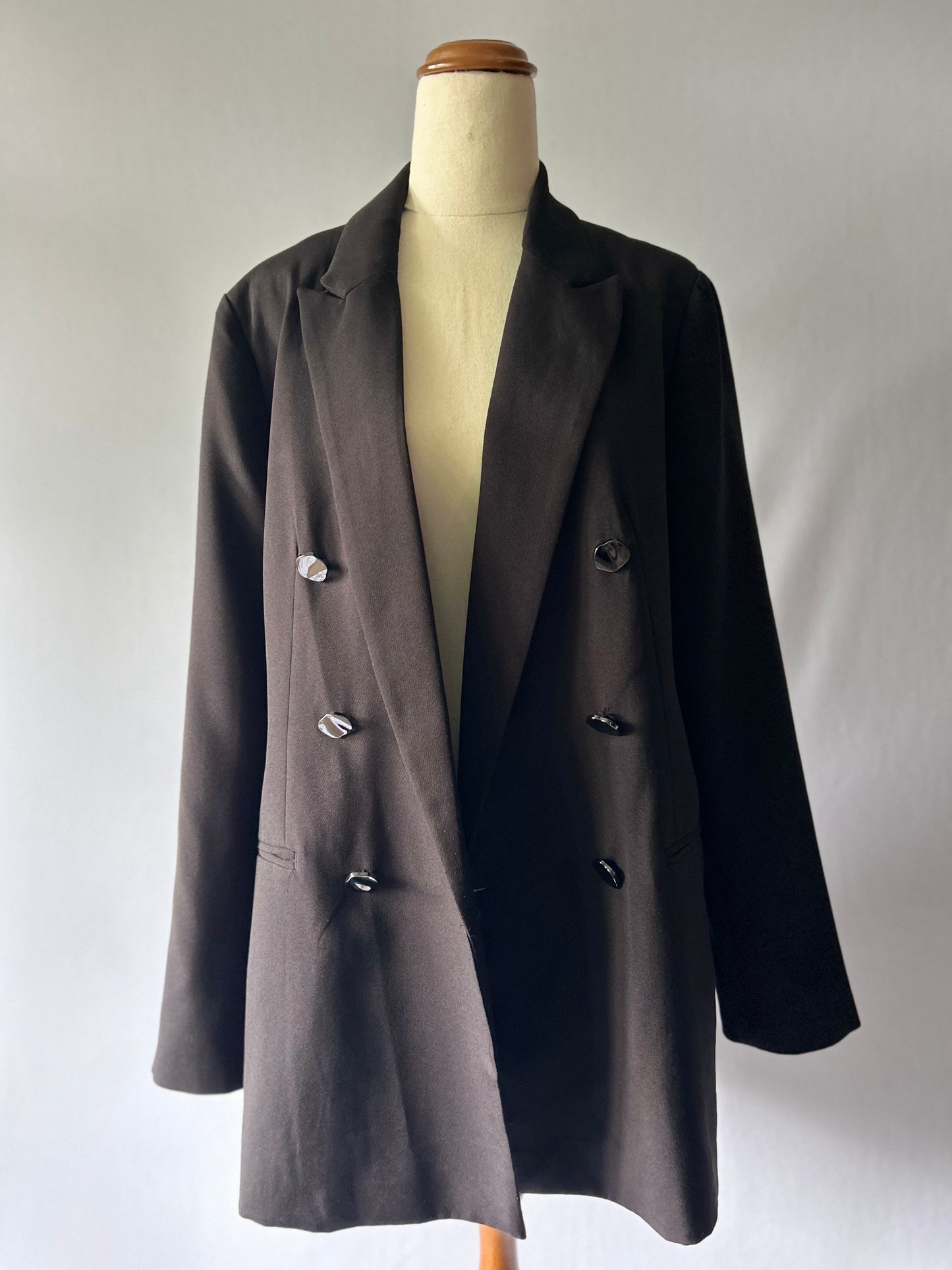 Double-Breasted Longline Blazer - Classic Black - Size 44 (AU 14/16)