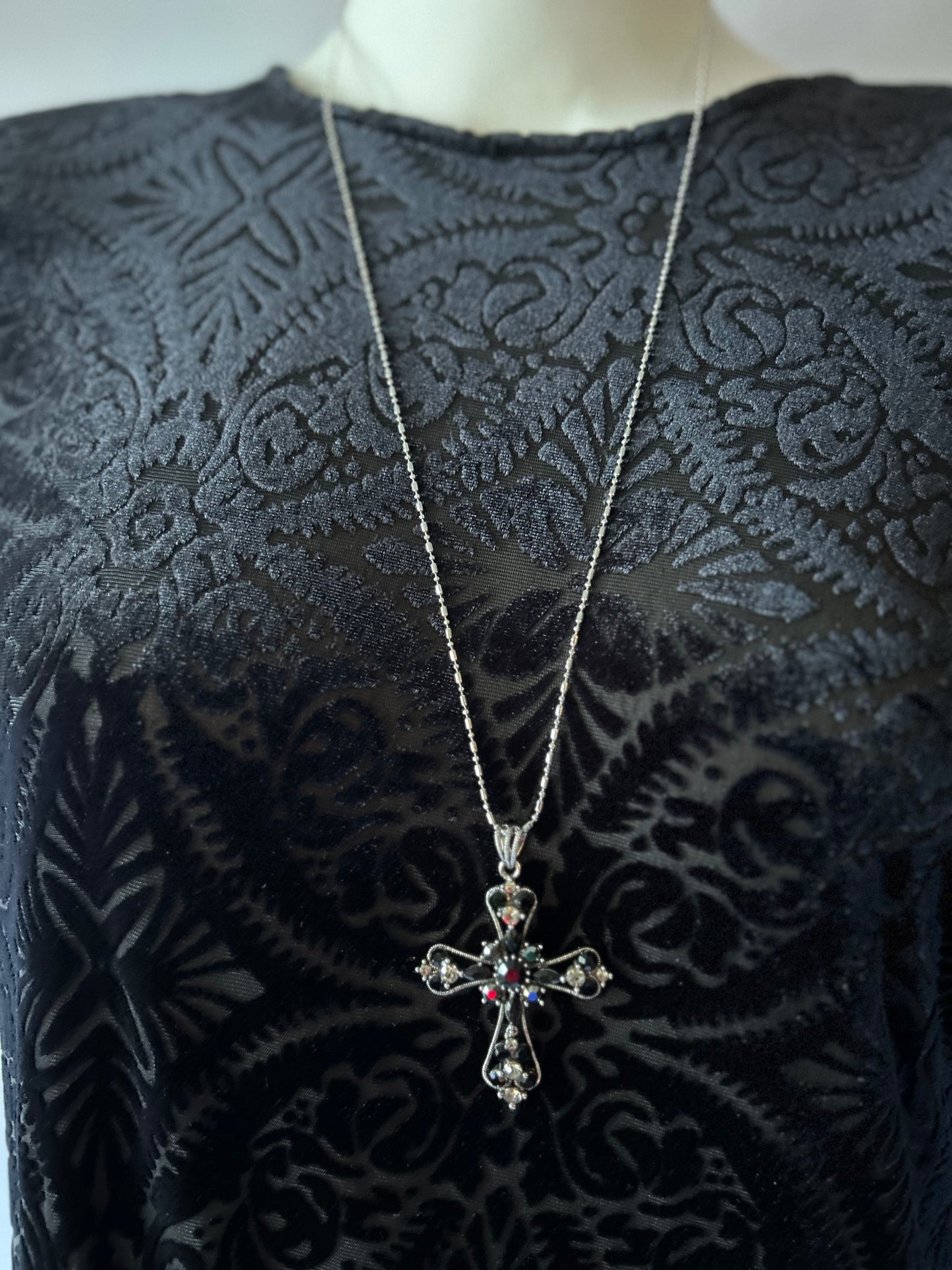 Vintage Whimsigoth Embellished Silver & Black Crystal Cross Long Necklace