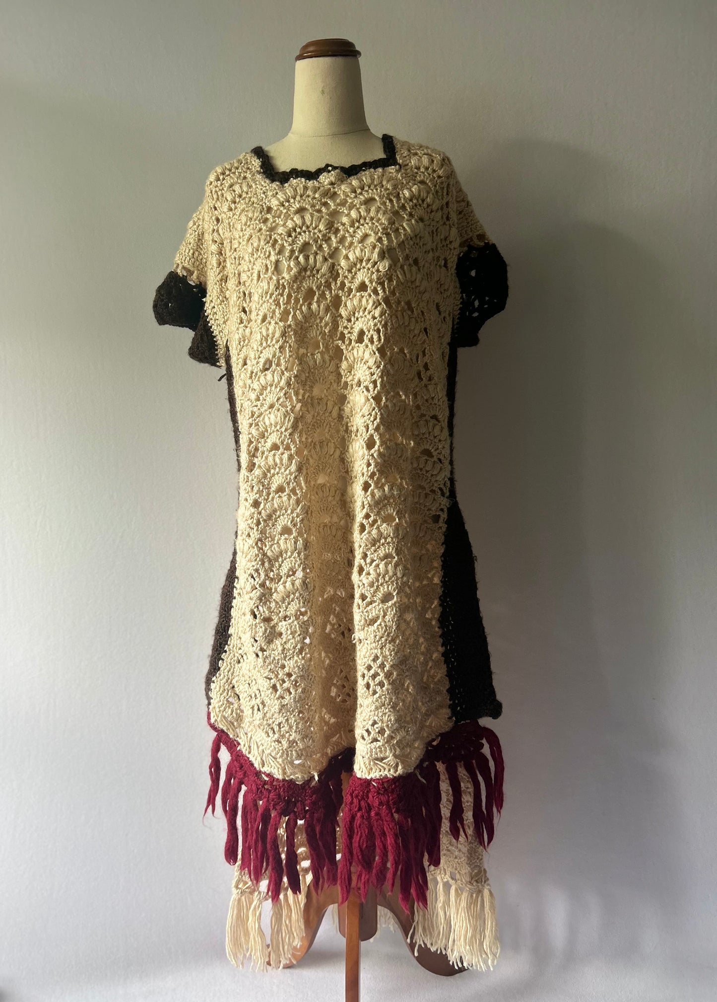 Artisanal Color-Block Crochet Fringed Poncho Tunic - One Size