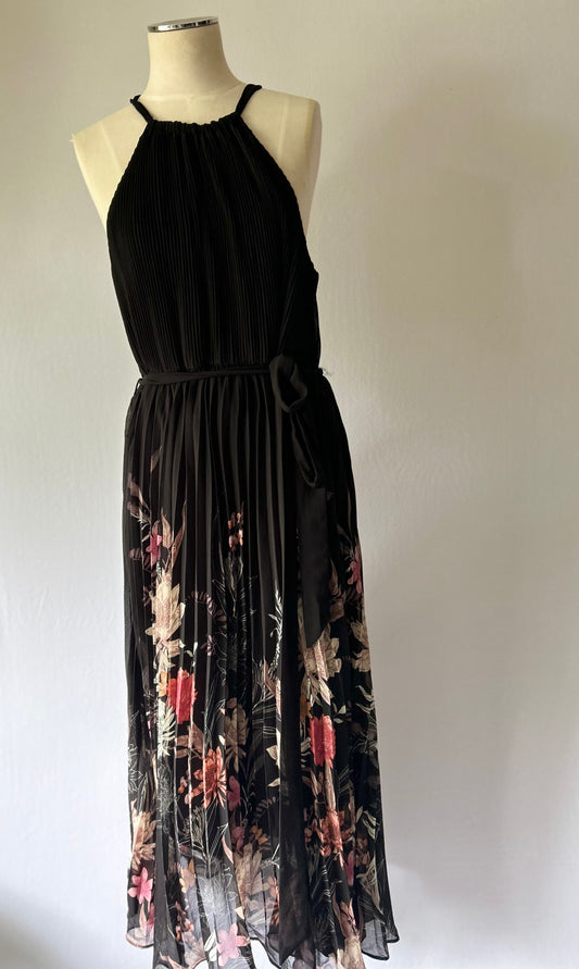 Black Pleated Floral Midi Dress – Size Small