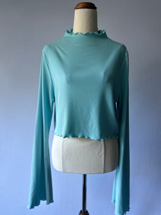 Baby Blue Long Sleeve Cropped Top | Size 16 | Polyester Blend