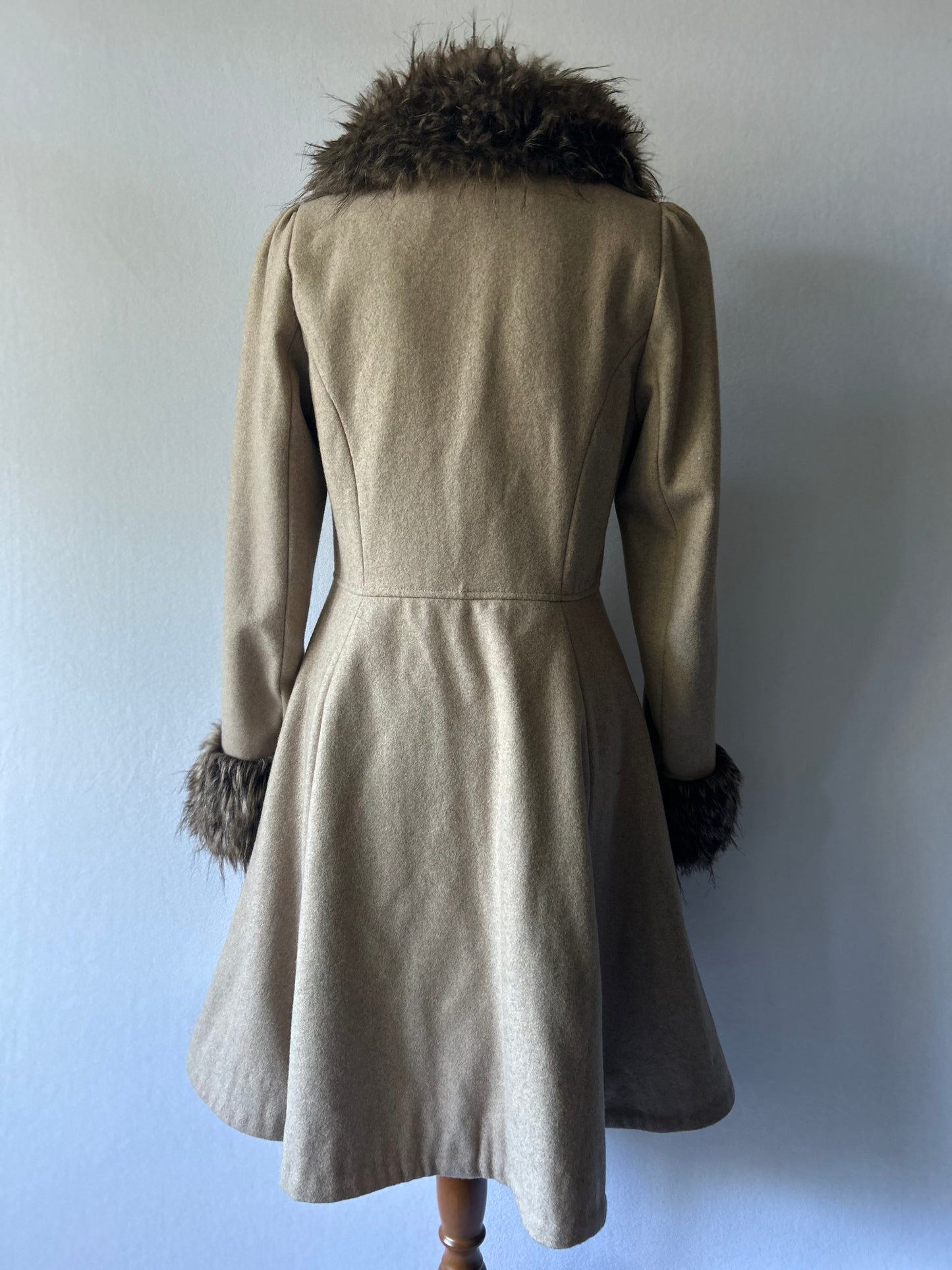 Vintage-Style Faux Fur Trimmed Wool-Blend Princess Coat - Size 8
