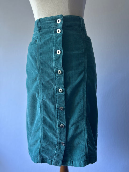 Teal Green Corduroy Skirt | Size 12 | Button-Front with Pockets | Knee Length