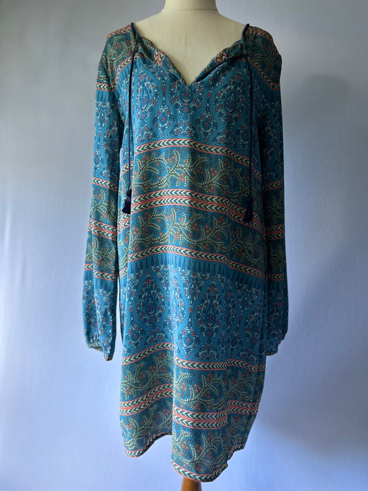 Bohemian Silk Tunic Dress – Blue Paisley Print, Size Small