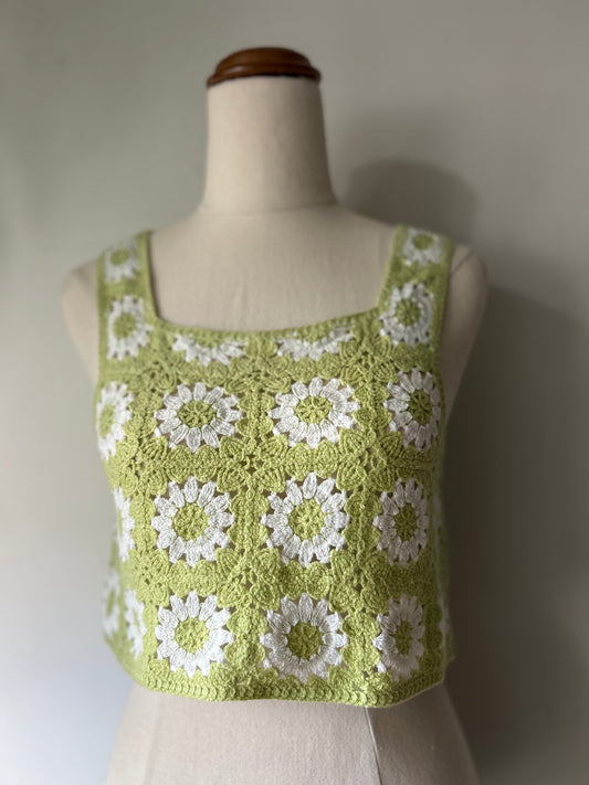 Crochet Daisy Tank  S/M – Lime & White