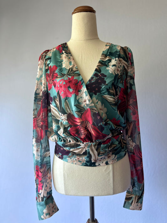 Blue Floral Wrap Blouse – Size 6