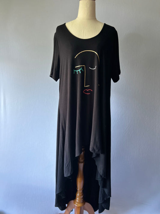 Black Bamboo Viscose Dress with Face Print – Size XS