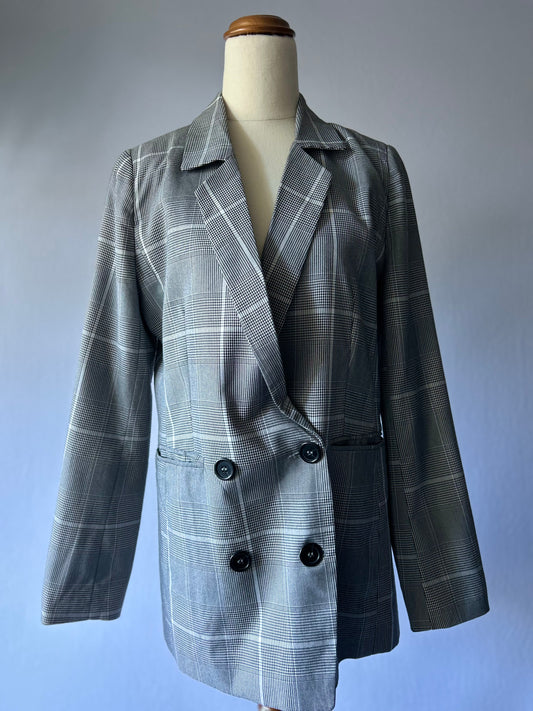 Tweed Blazer | Size 8 | Grey, White & Black Check | Polyester Viscose Blend