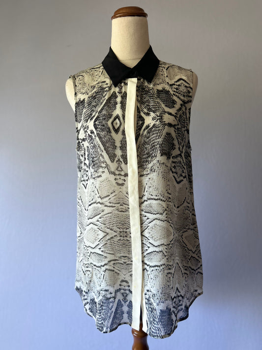 Saba Silk Sleeveless Shirt – Size 10, Black & White Python Print
