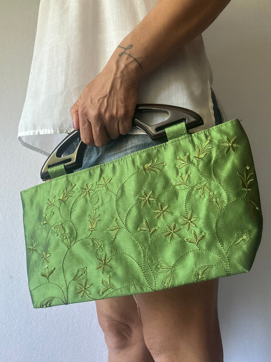 Green Silk Handbag with Embroidery and Acrylic Handle
