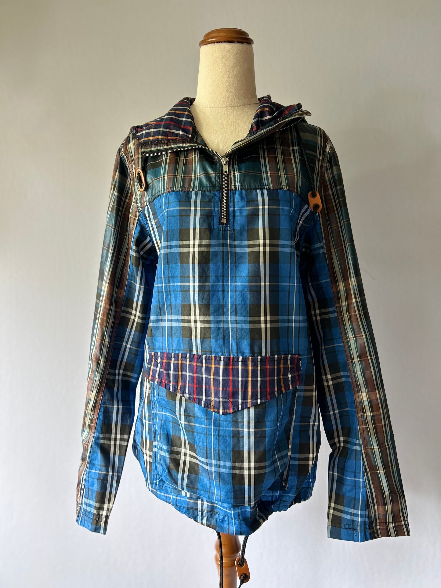 Blue Plaid Mixed Pattern Hooded Windbreaker - Size 2XS