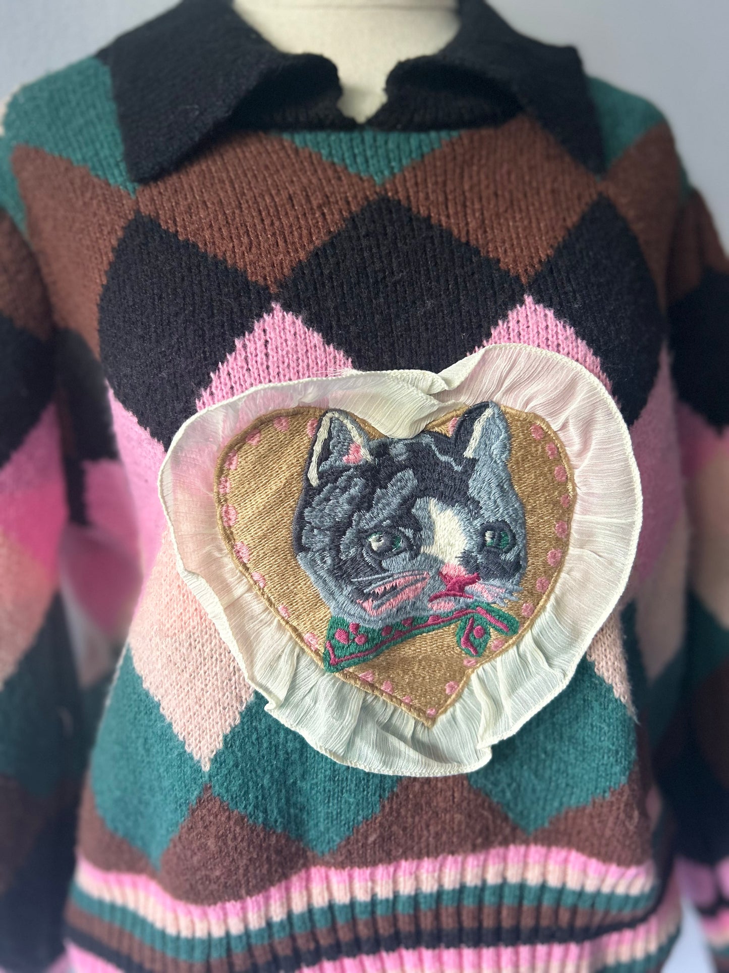 Vintage Argyle Knit Polo Sweater with Heart Cat Patch - Size Small