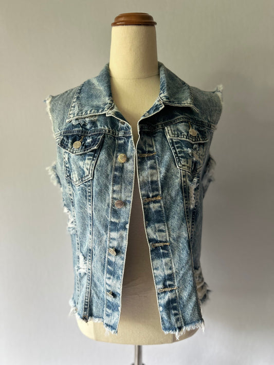 Distressed Graphic Denim Vest – 100% Cotton – Size S