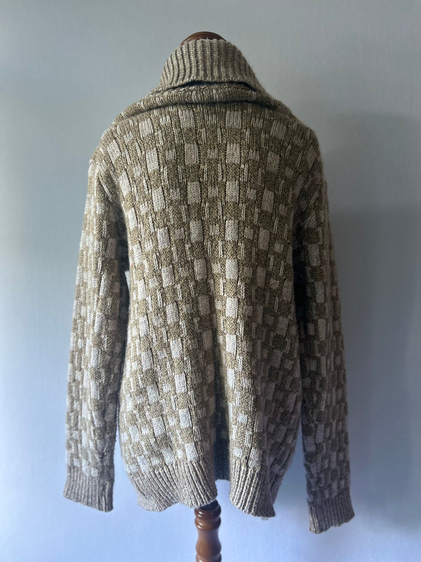 Beige & Cream Geometric Checkerboard Knit Cardigan - Size L