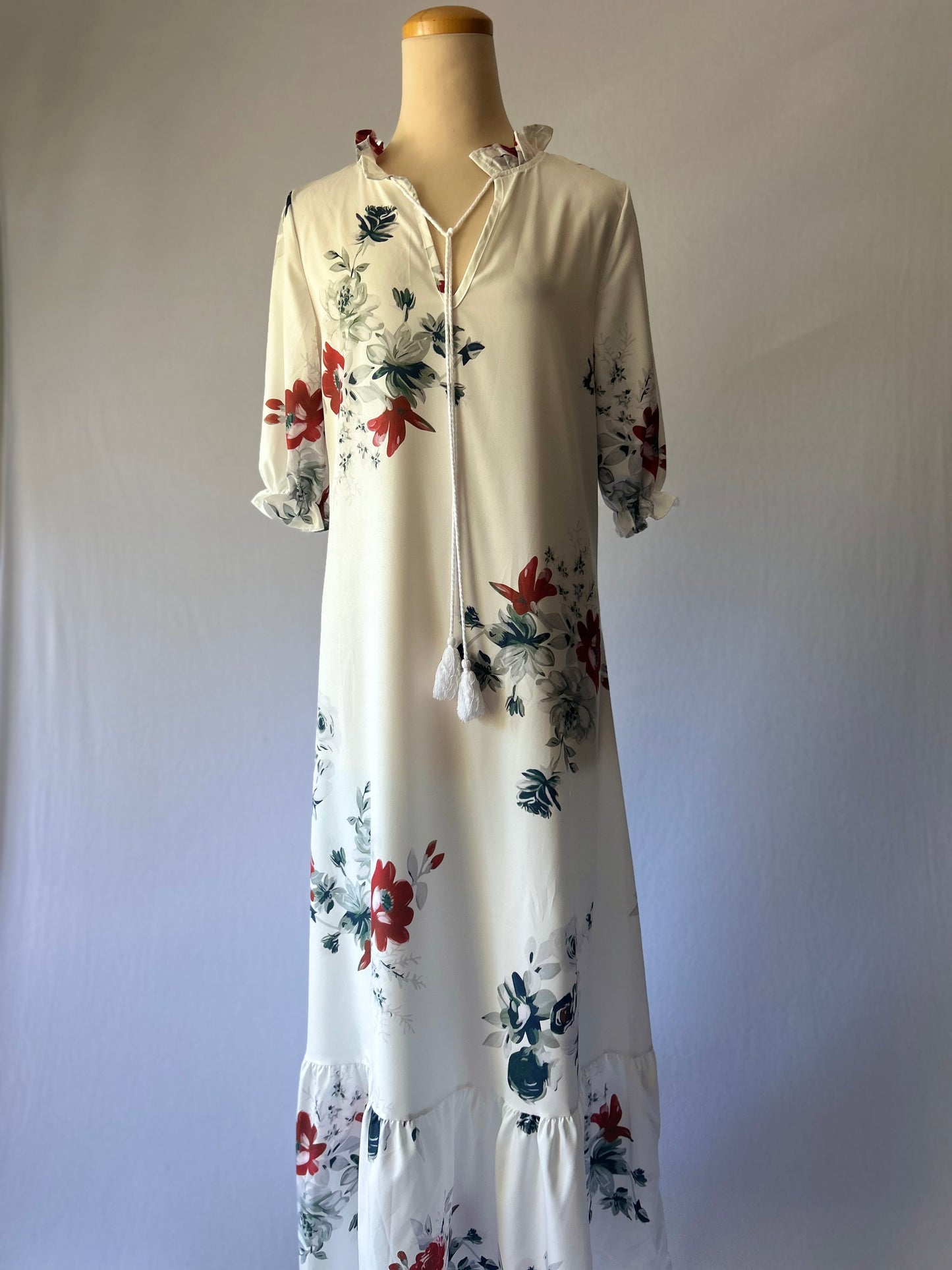 Romantic Floral Ruffle Maxi Dress (Size Small)