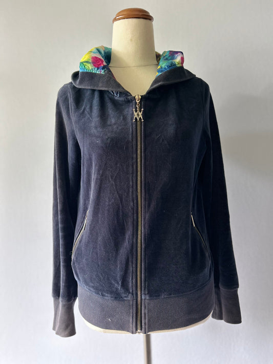 Y2K Plush Velour Zip-Up Hoodie with Vibrant Floral Lined Hood - Charcoal Grey - Size 38